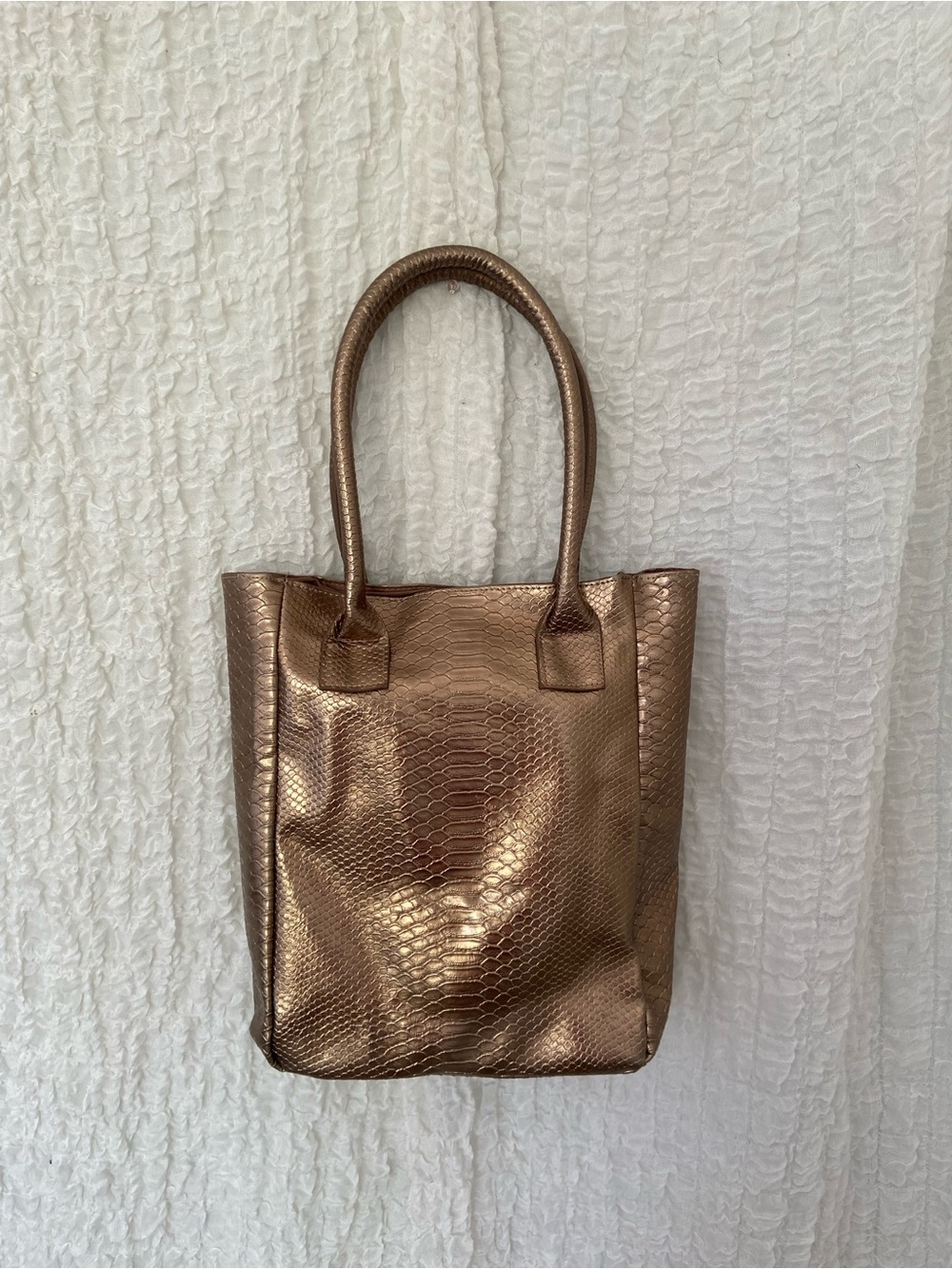 2000s Metallic Bronze Snake-Embossed Tote - Sleek Everyday Carry